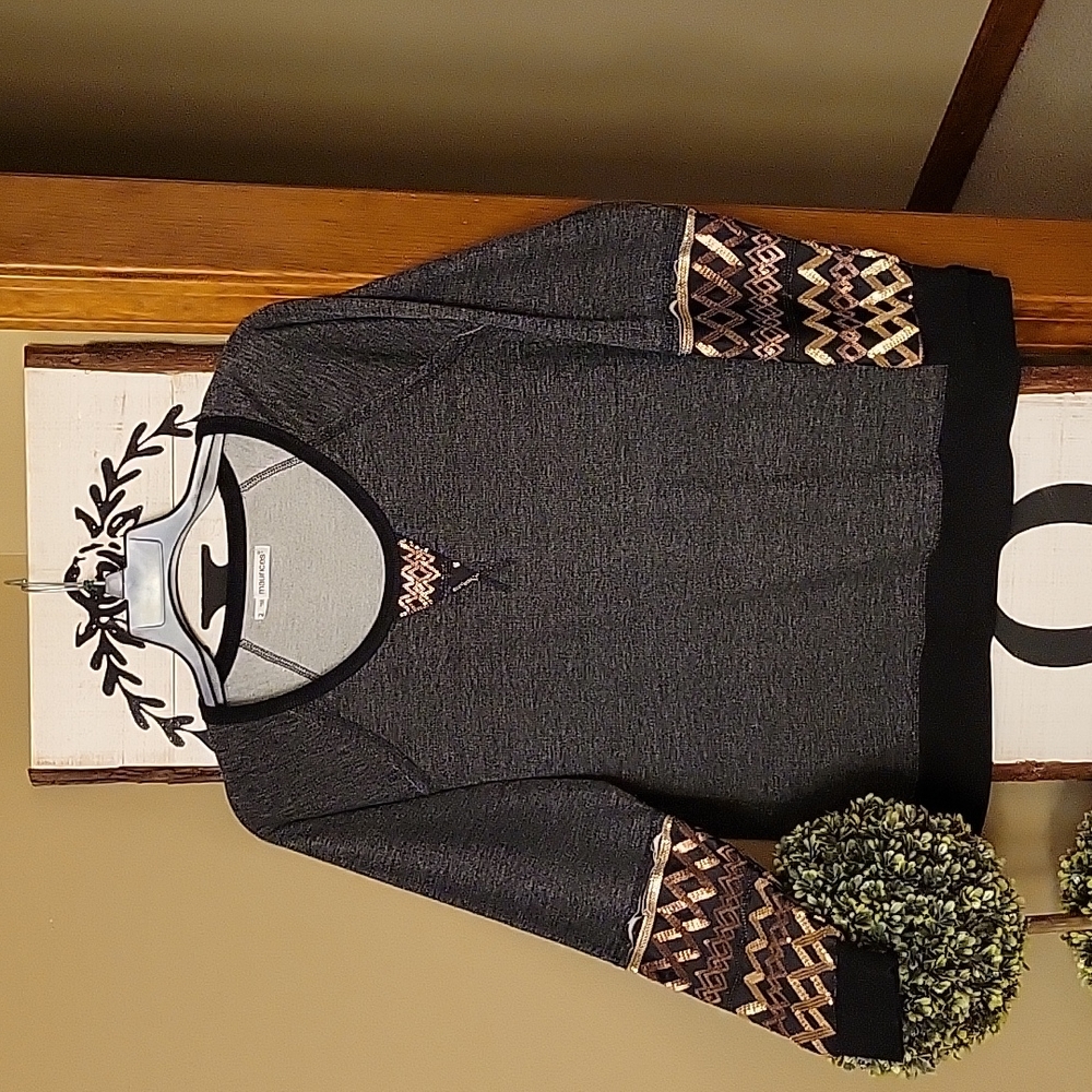 Maurices charcoal fleece top with bronze and gold sequins